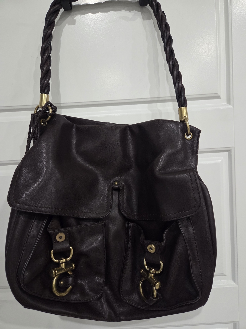 Madison Studio Braided Handle Dark Brown Leather Shoulder Bag